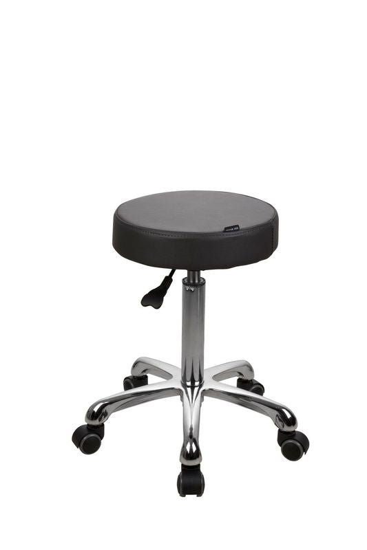 Silverfox America 1023A Stool features a black round seat, chrome legs, and ergonomic mobility.