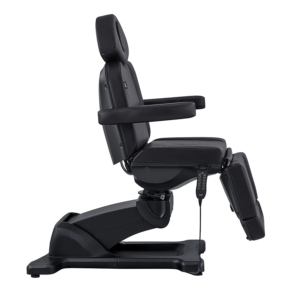 DIR Pavo FACIAL Beauty Bed & Chair in Black, full electric with 4 motors, side profile view.