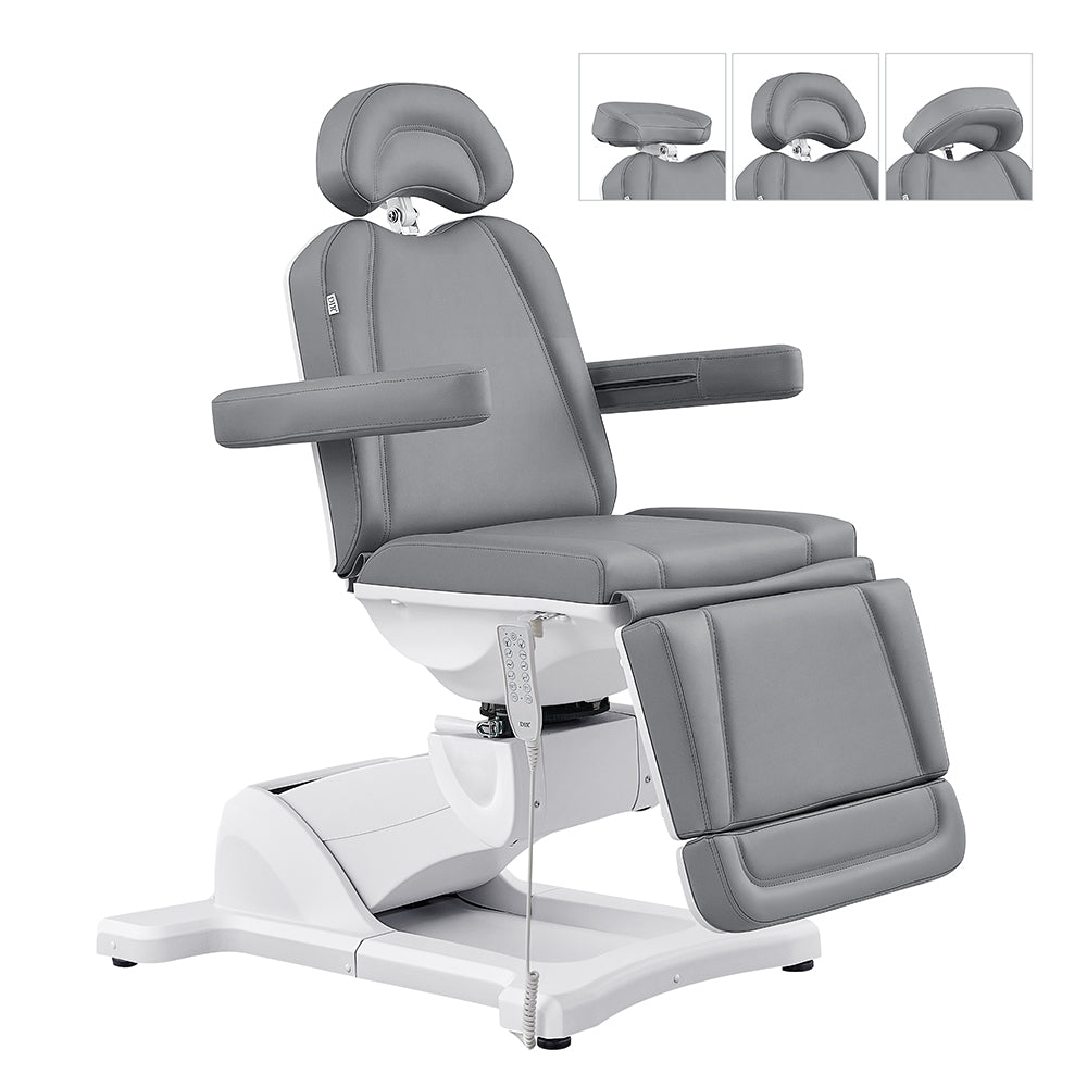 Pavo FACIAL Beauty Bed & Chair in Gray by DIR, full electric 4-motor, shown from all angles.