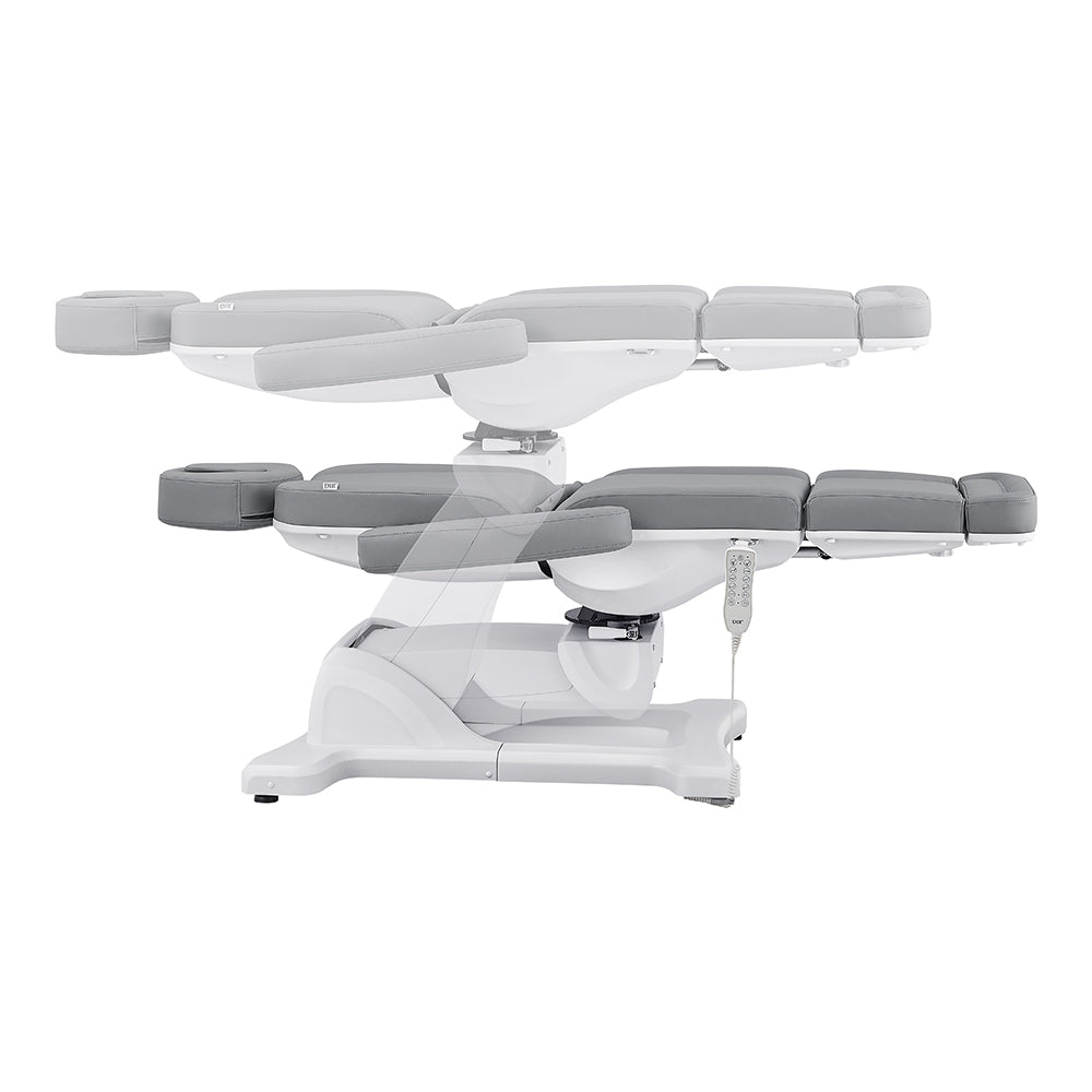 Pavo FACIAL Beauty Bed & Chair in Gray by DIR, fully electric with 4 motors, shown at two heights.