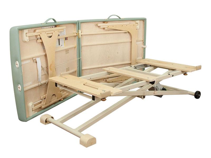 Oakworks PROLUXE Convertible Electric Lift Base partially opened with sturdy supports.