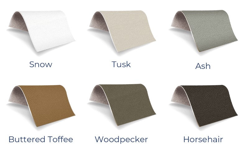 Six swatches for your INSIGNIA 2.0 WAVERLY table: Snow, Tusk, Ash, Toffee, Woodpecker & Horsehair.