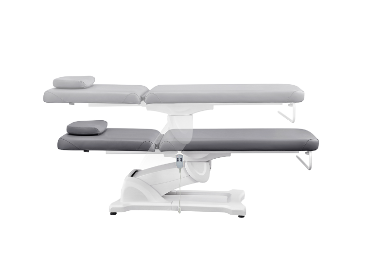 Serenity Electric Treatment Table DIR by DIR with gray cushions, white base, shown at two heights.