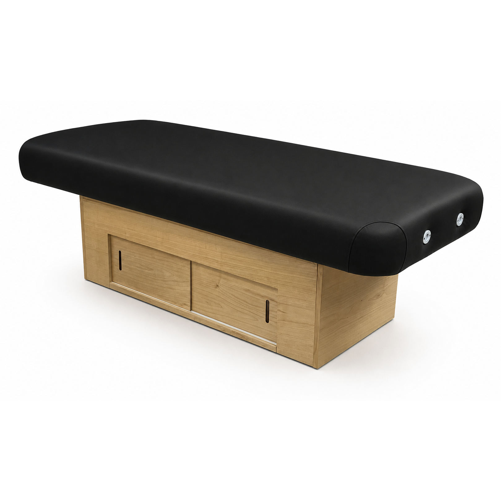 Massage table with black top and clear natural base on a white background