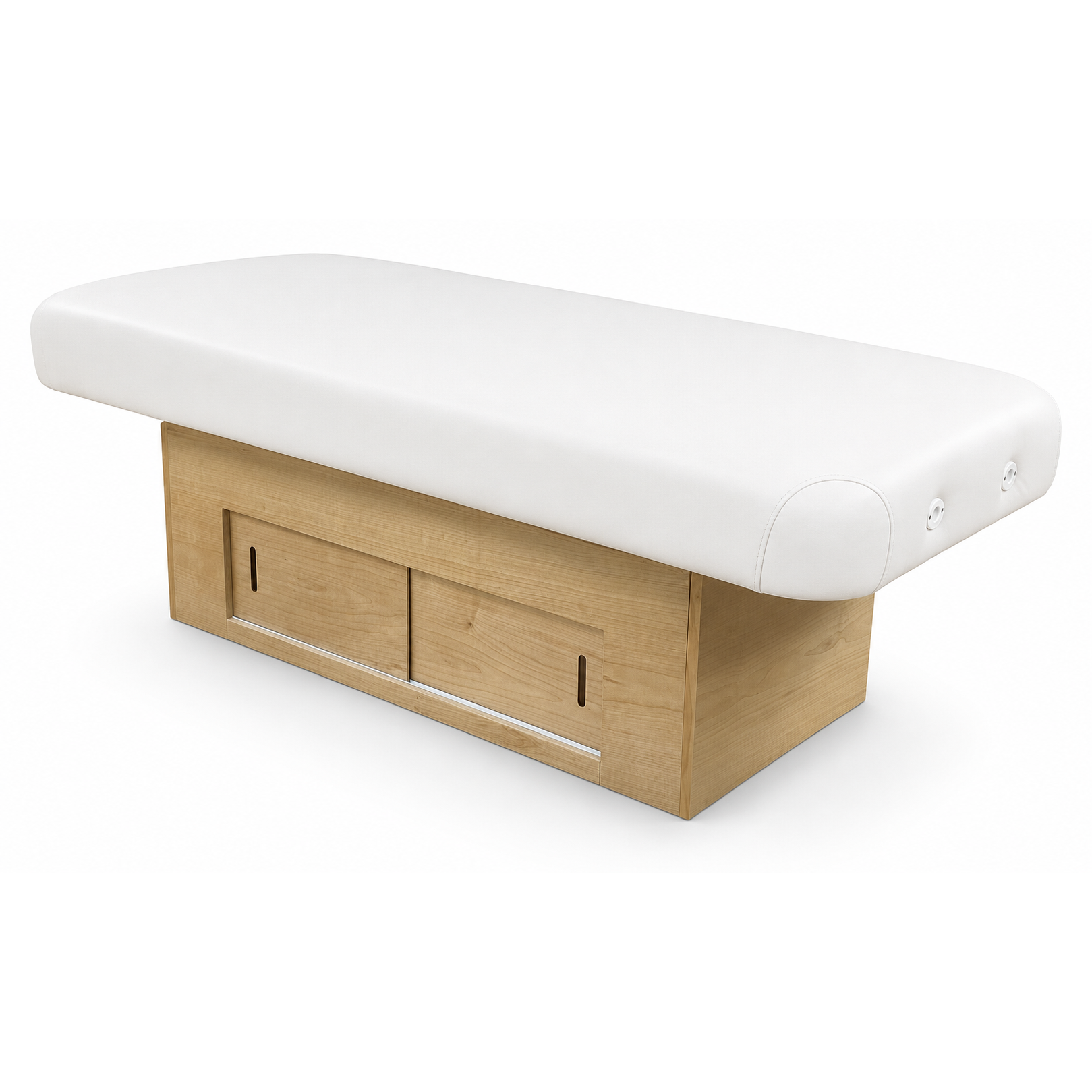 Massage table with white cushion and clear natural base on a white background