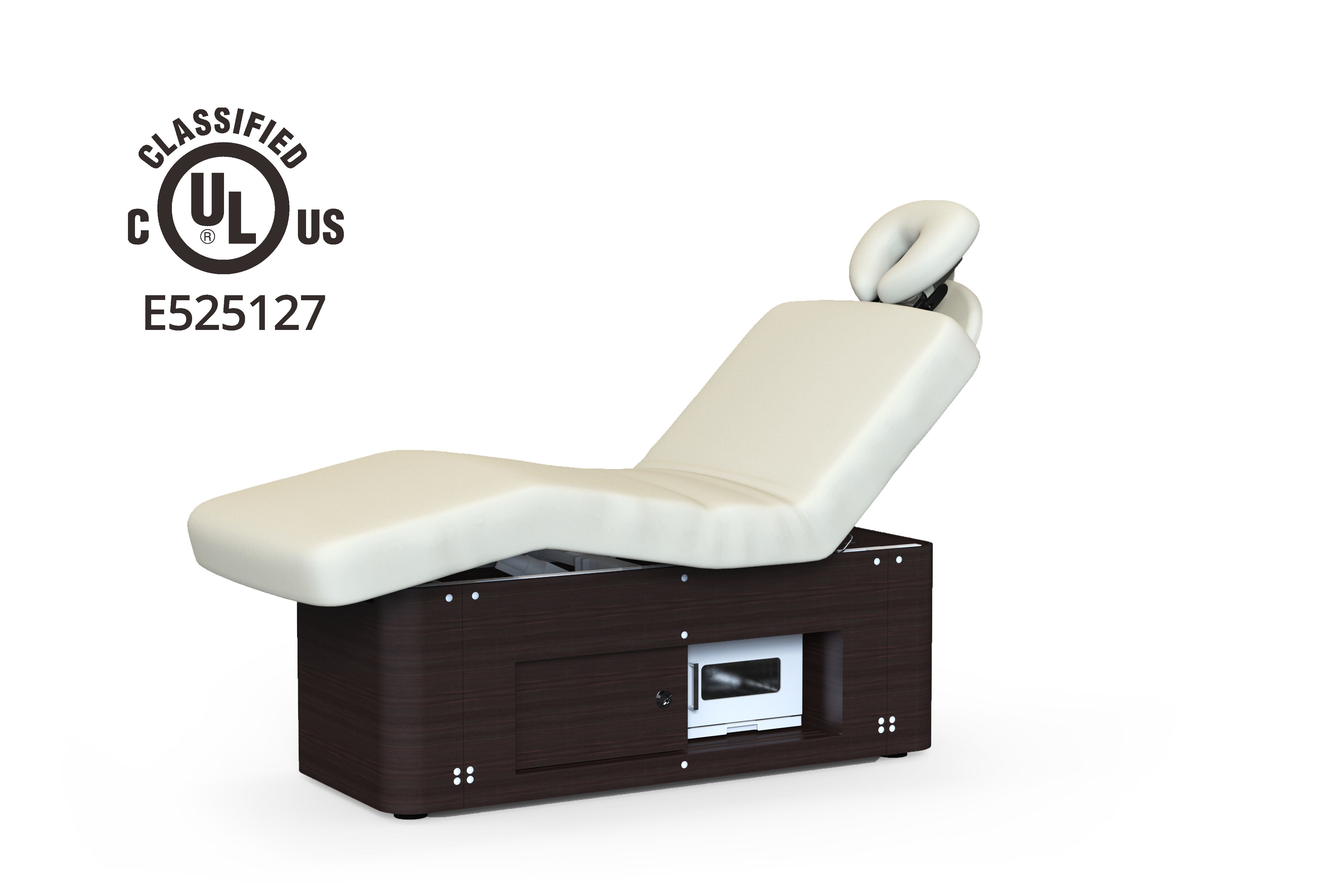 Silverfox America 2285B white electric massage table with dark wood base and UL label left side.