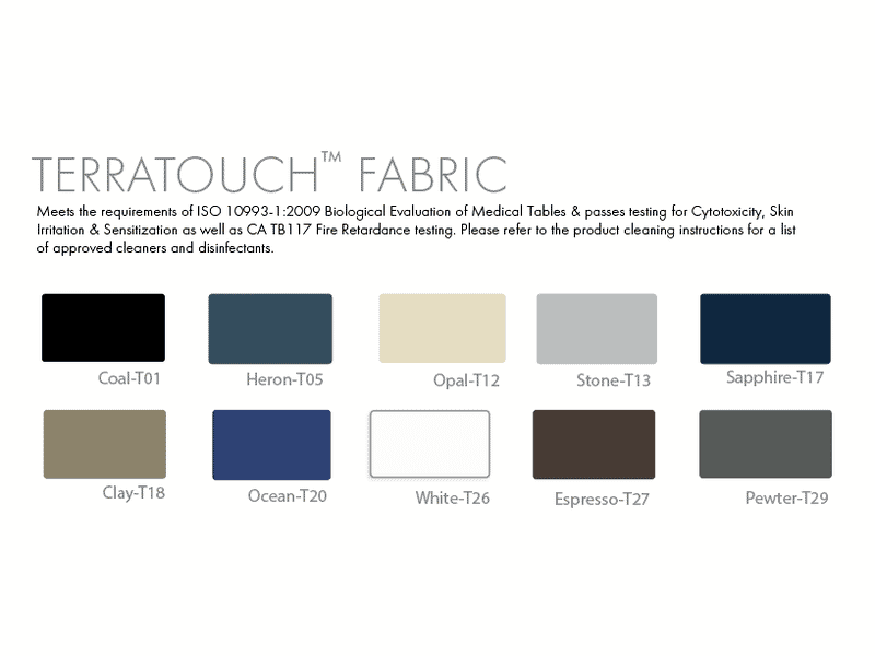 Terratouch swatches for Oakworks PROFESSIONAL SADDLE Seat Stool with names and codes shown.
