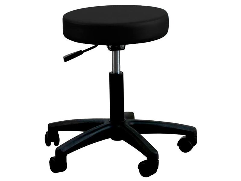 The Oakworks BASIC Rolling Stool is black with pneumatic height and five caster wheels.