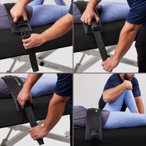 User secures strap using EarthLite ELLORA Table with Stretch Assist for assisted stretching.