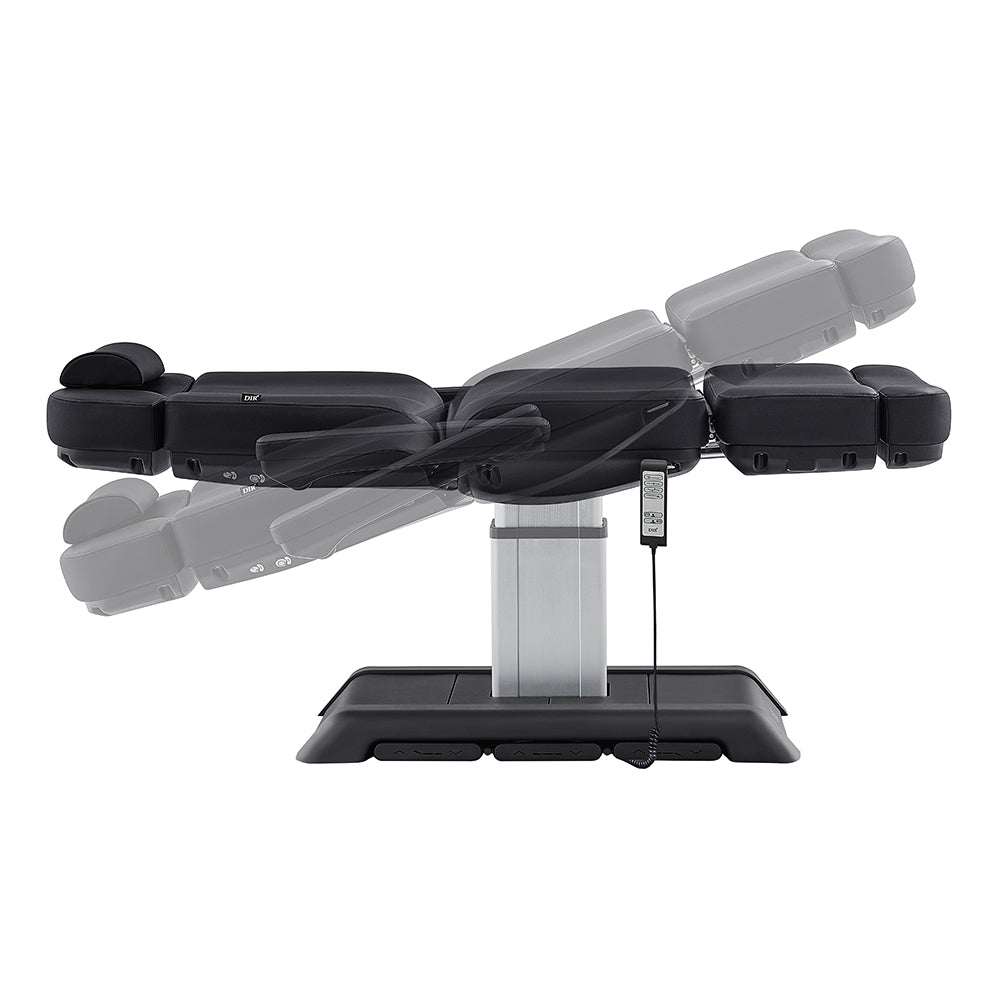 Black Sydney 4-Motors Esthetician Chair with adjustable headrest and armrests on a white background
