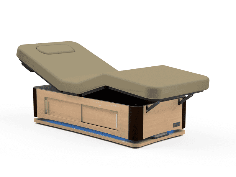 Oakworks Spa TALISE Master's Collection Table: cushioned massage table with wooden base.