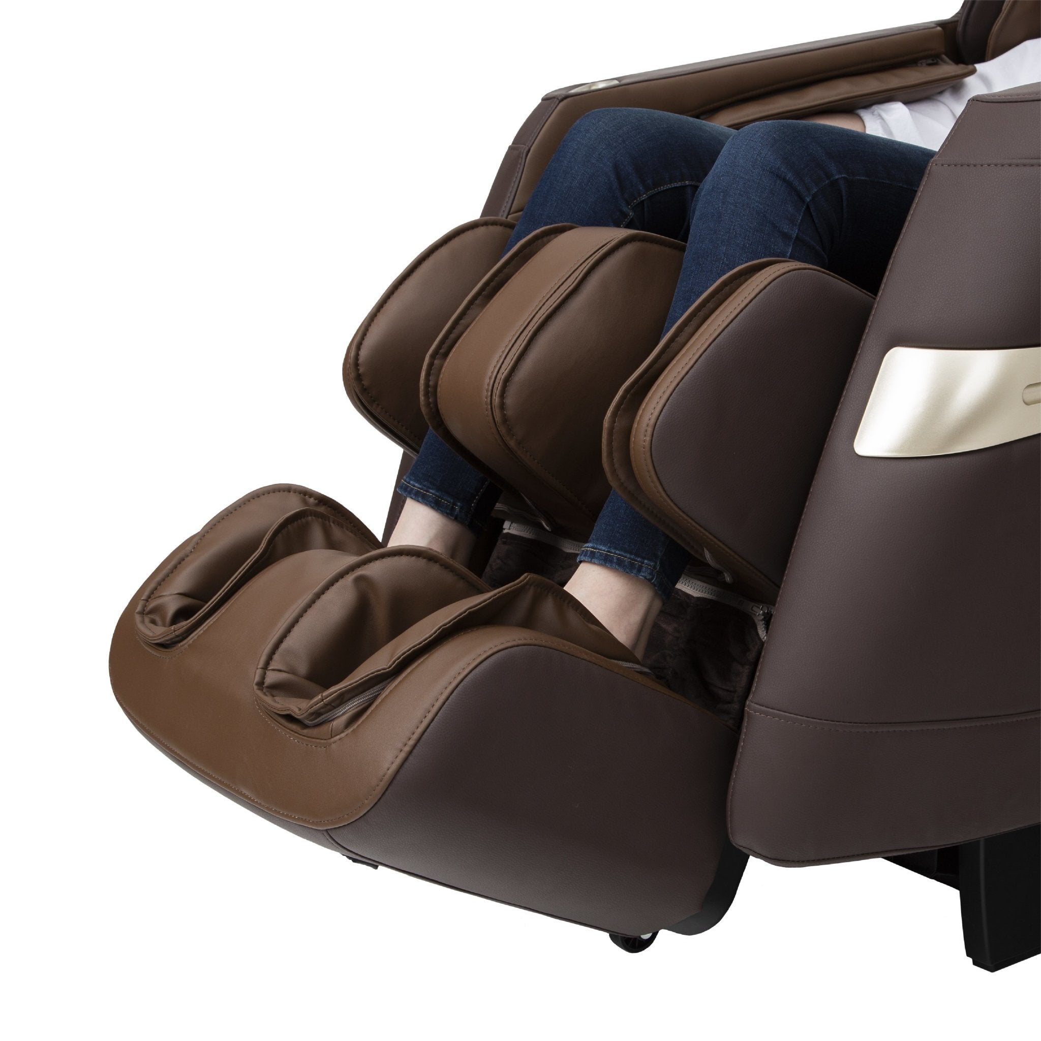 Person relaxing in the Titan 3D Quantum Electric Massage Chair with full body compression.