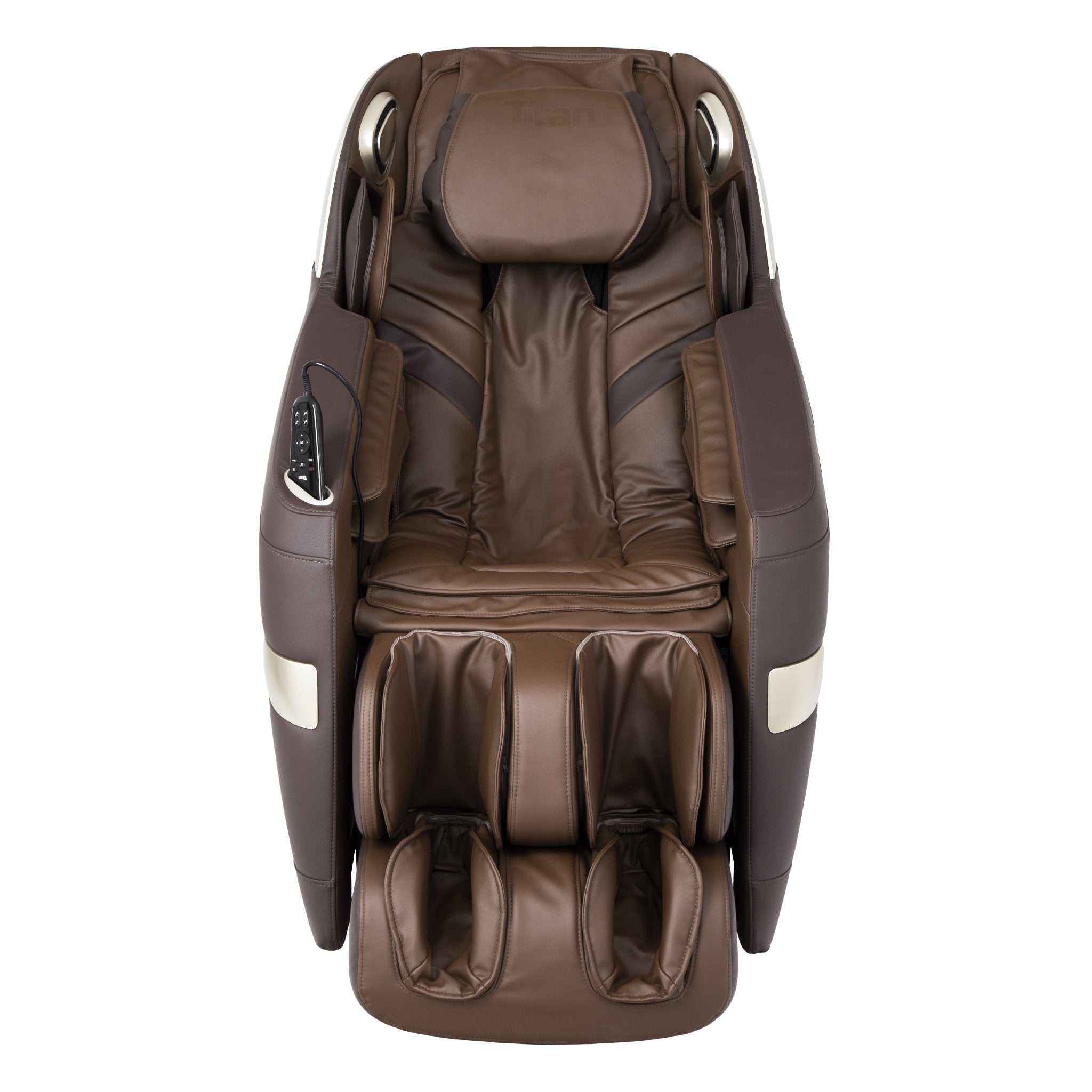 Titan 3D Quantum Electric Massage Chair by Titan, brown leather, full body, front view.