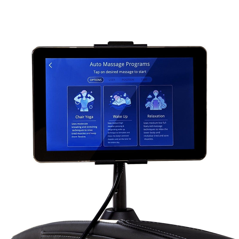 Tablet displaying massage program options on a chair with a screen