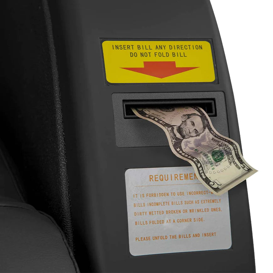 A five-dollar bill is inserted into a Titan Vending Massage Chair bill acceptor slot.