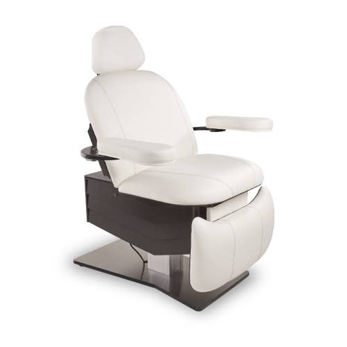 Living Earth Crafts Tribeca All-in-One Medi-Spa Chair with armrests, adjustable back, dark base.