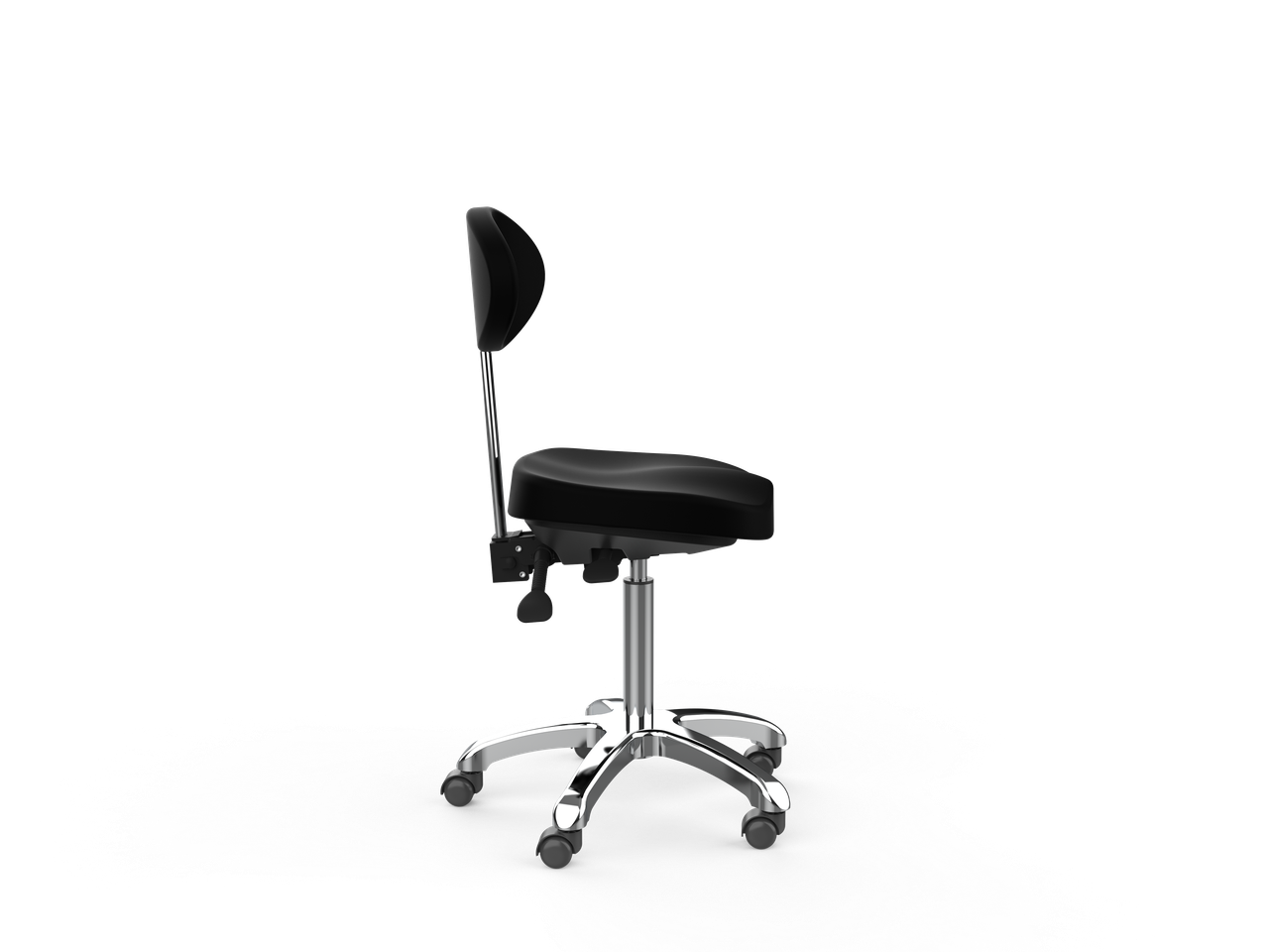 Silverfox America 1025E Beauty Stool, black saddle seat with wheels, side view on white.