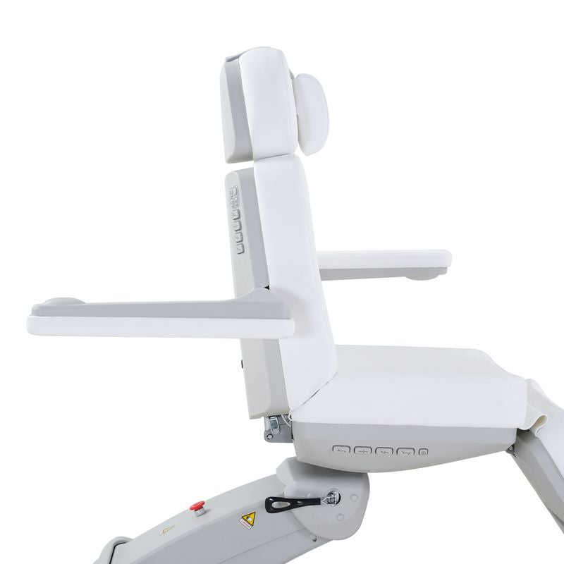Side view of a white Silverfox America 2246EBN Electric Massage Chair with armrests and controls.
