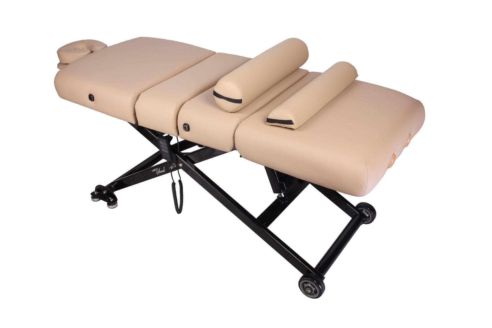 Comfort Soul SIENNA ELITE beige electric lift table with lumbar support and detachable headrest.