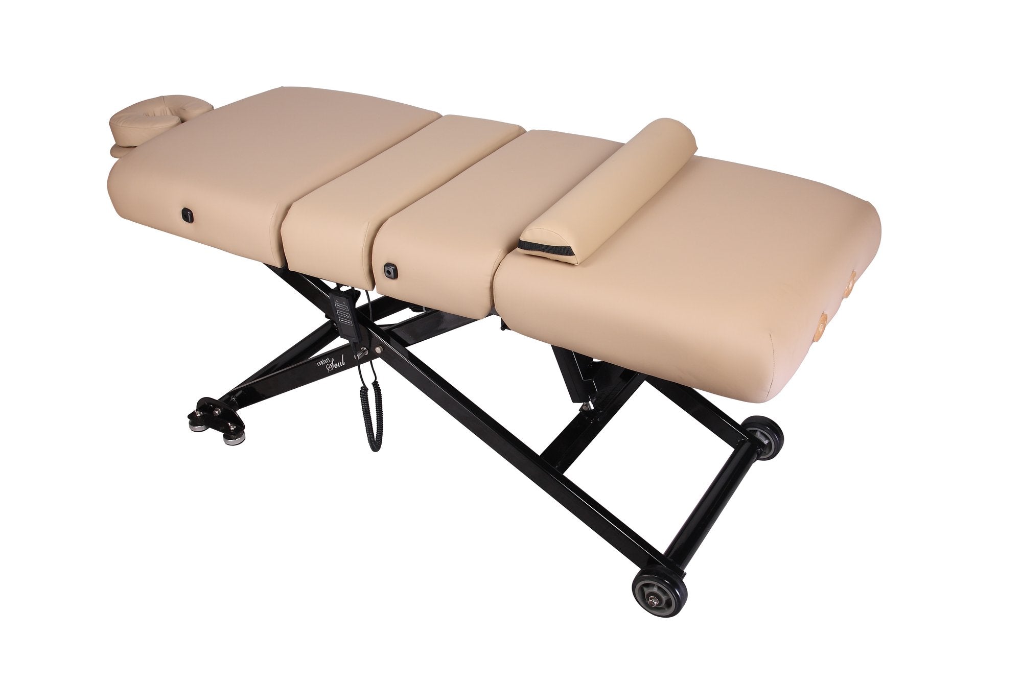 Comfort Soul SIENNA ELITE: Beige electric table with lumbar support, headrest, black frame.