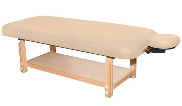 EarthLite TERRA stationary table in beige with wood legs, lower shelf, and headrest.