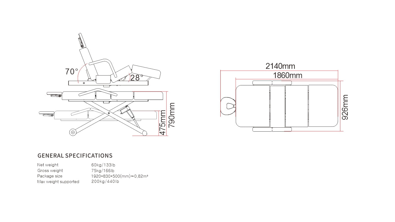Technical drawing of the Silverfox America 2274B ADA compliant electric massage bed with specs.