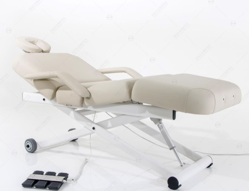 Silverfox America 2274B Electric Massage Bed with foot pedal, ADA compliant, beige on white.
