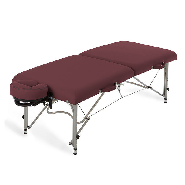 EarthLite LUNA portable massage table, maroon upholstery, aluminum frame, face cradle included.