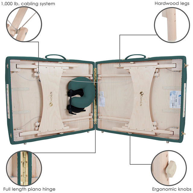 EarthLite HARMONY DX portable massage table features eco-friendly hardwood construction.