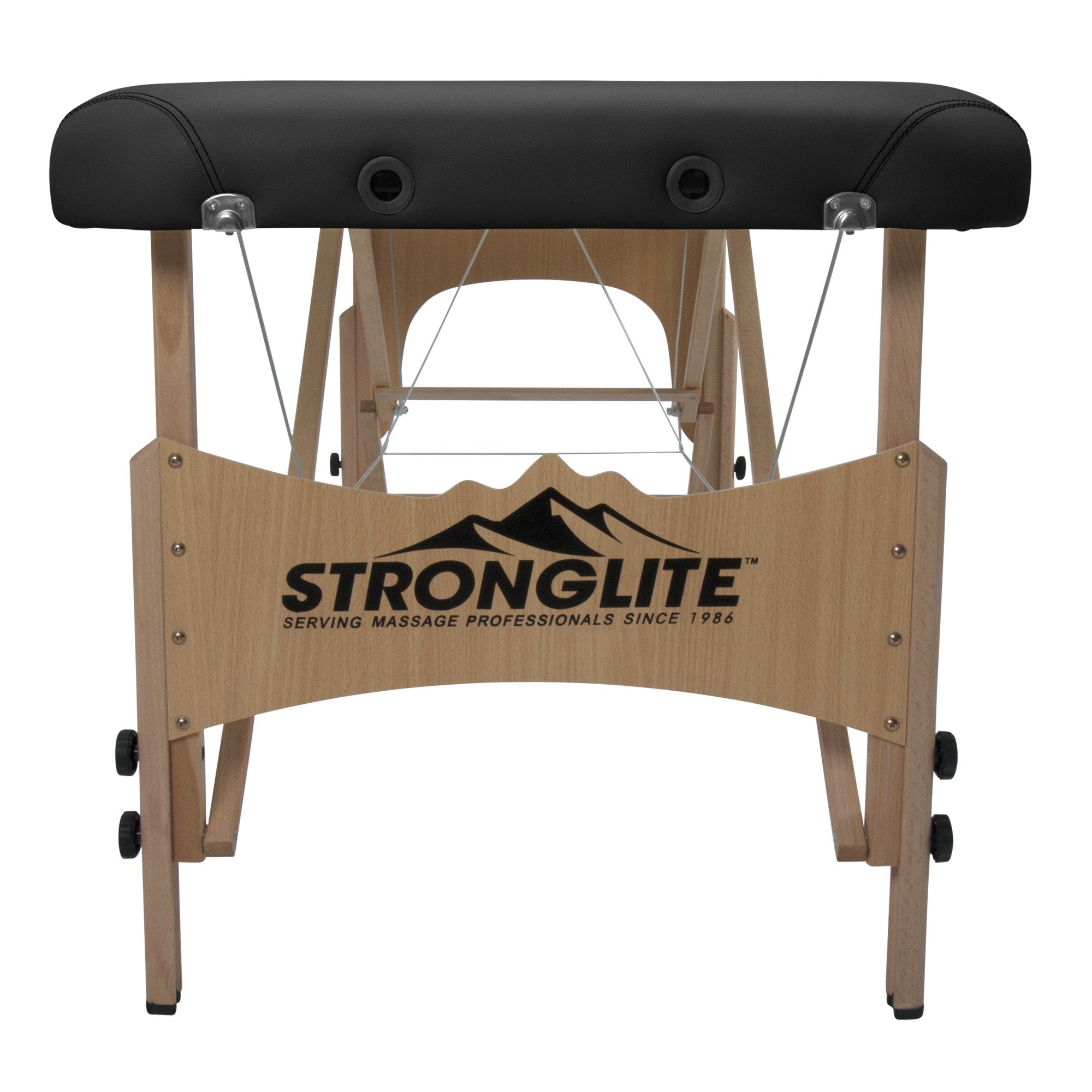 Stronglite SHASTA portable massage table with black cushion and Stronglite logo on the wood frame.