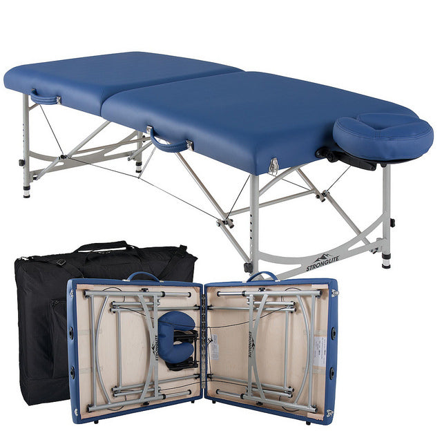 Stronglite VERSALITE Pro Portable Massage Table with folding legs, headrest, and case shown.
