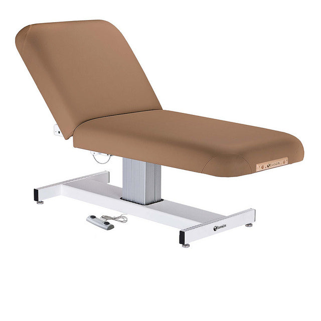 Brown EarthLite EVEREST TILT Lift massage table with metal base and attached foot pedal.