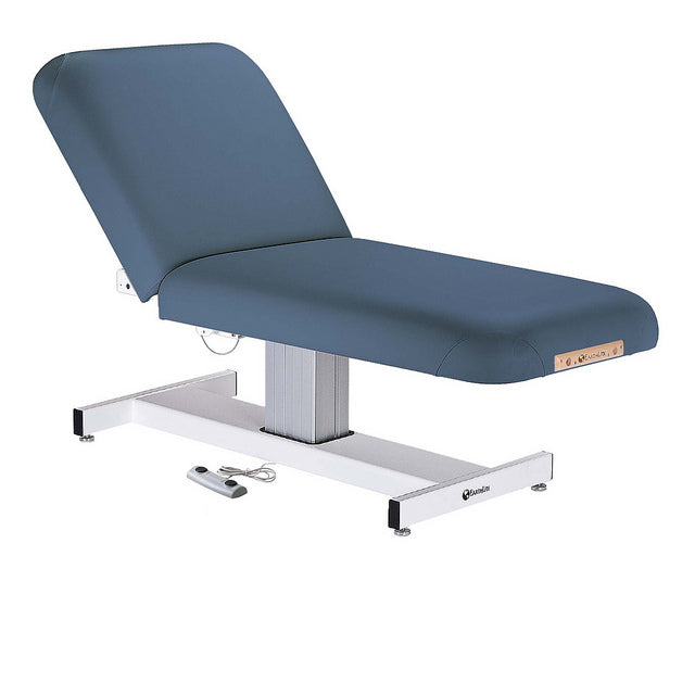 EarthLite EVEREST TILT Lift Massage Table: adjustable blue upholstery, sturdy metal base.