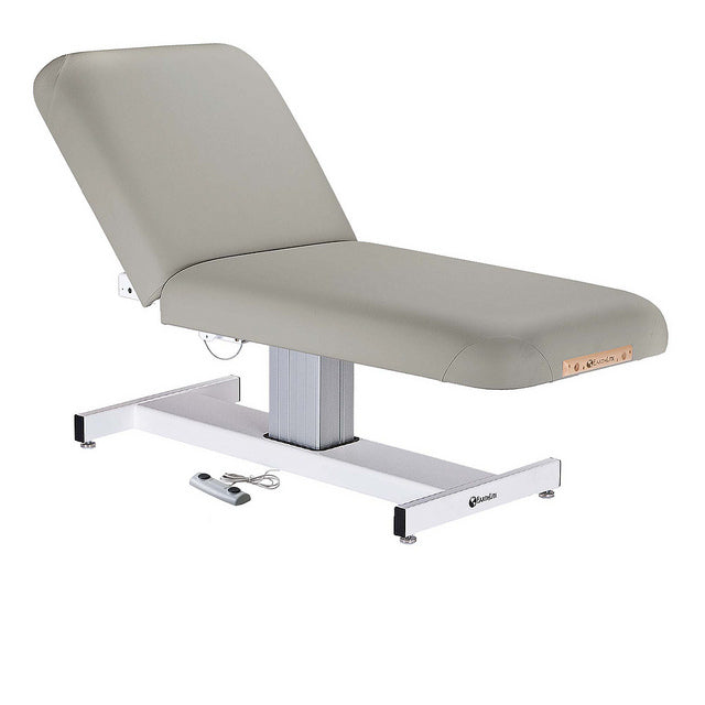 EarthLite EVEREST TILT Lift Massage Table with metal frame, remote, and electric lift.