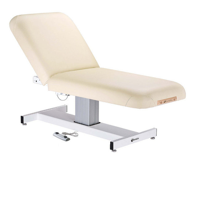 EarthLite EVEREST TILT lift massage table with metal base and foot pedal control.