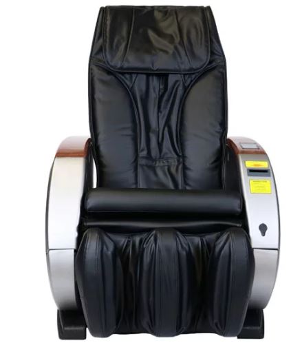 Infinity IT-6900 Vending Massage Chair by Infinity, black leather with silver armrests, front view.