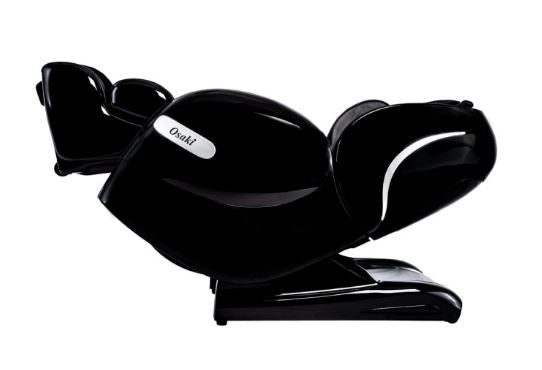 Black Osaki OS-MONARCH massage chair in zero gravity recline, side view on white.