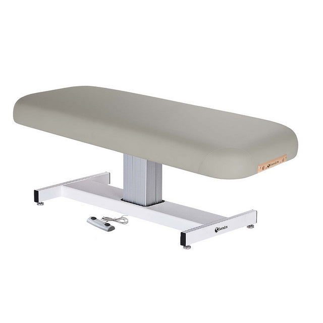 Gray EarthLite EVEREST Flat electric lift massage table with metal base and remote control.