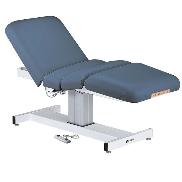 EarthLite EVEREST Full Electric Salon Table with blue upholstery and sturdy white metal base.