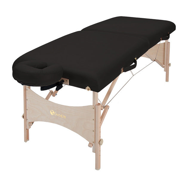 EarthLite HARMONY DX Portable Massage Table Package with wood legs and face cradle, white.