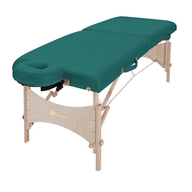 EarthLite HARMONY DX portable massage table package with wooden legs and headrest.