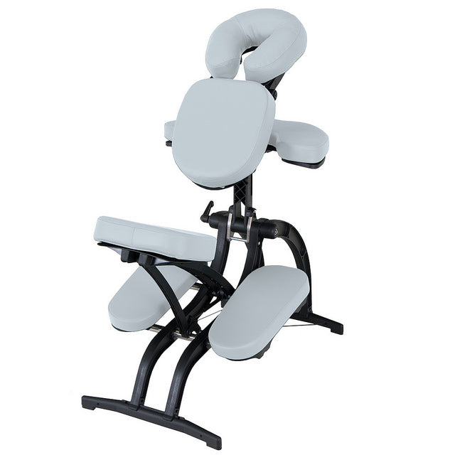 EarthLite AVILA II portable massage chair with ergonomic padding and black metal frame.