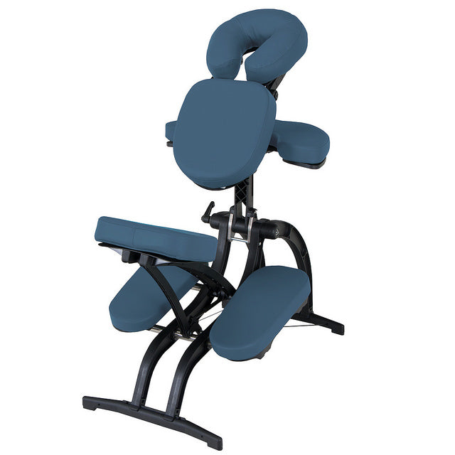 EarthLite AVILA II portable massage chair, blue, ergonomic with headrest and armrest.