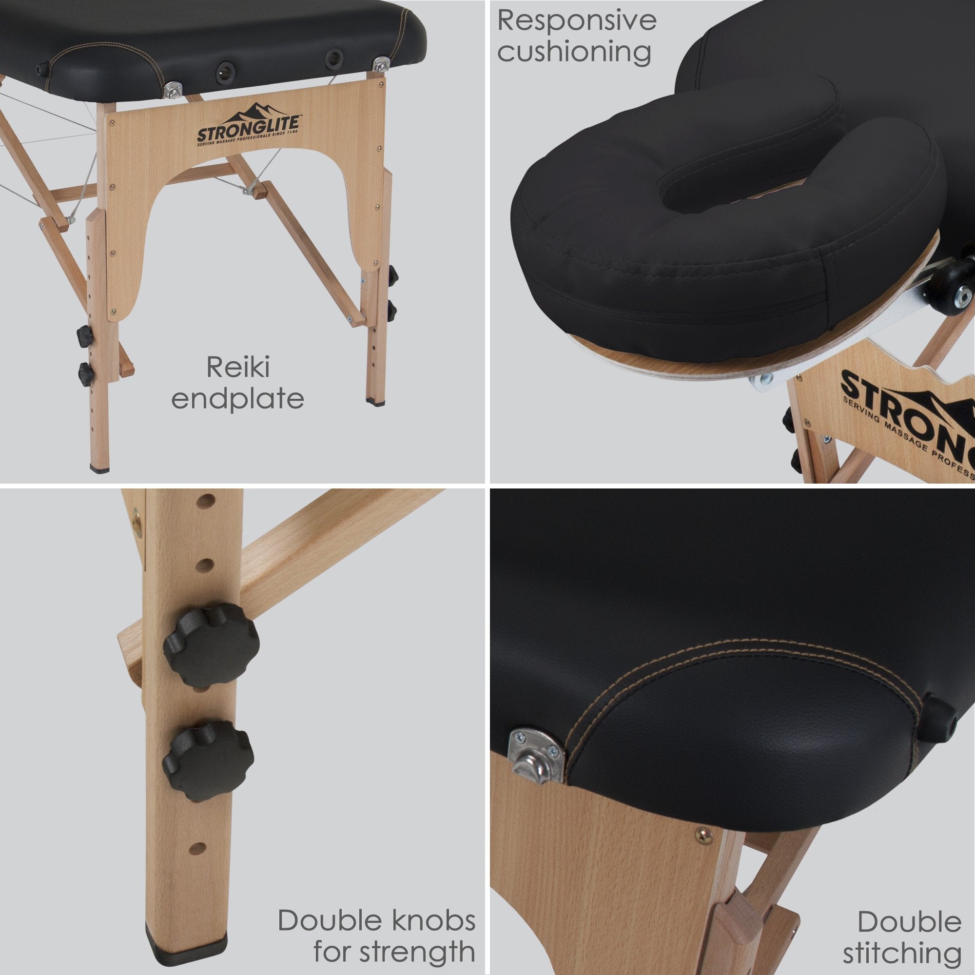 Collage of Stronglite SHASTA Portable Massage Table: reiki endplate, cushion, and knobs.