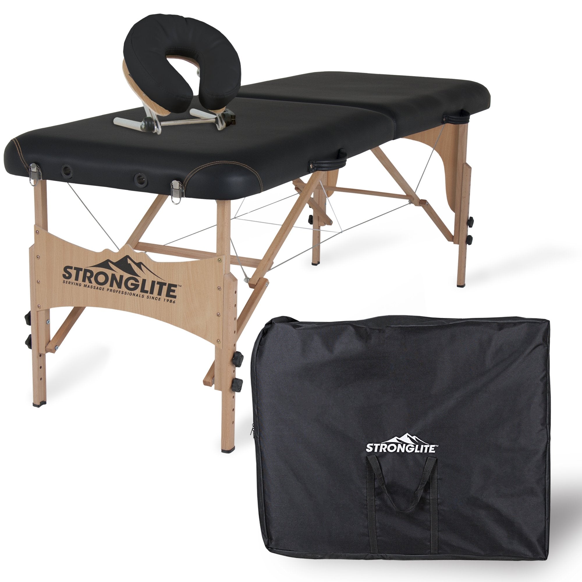 Stronglite SHASTA Portable Massage Table, black, with wooden legs and carrying case.