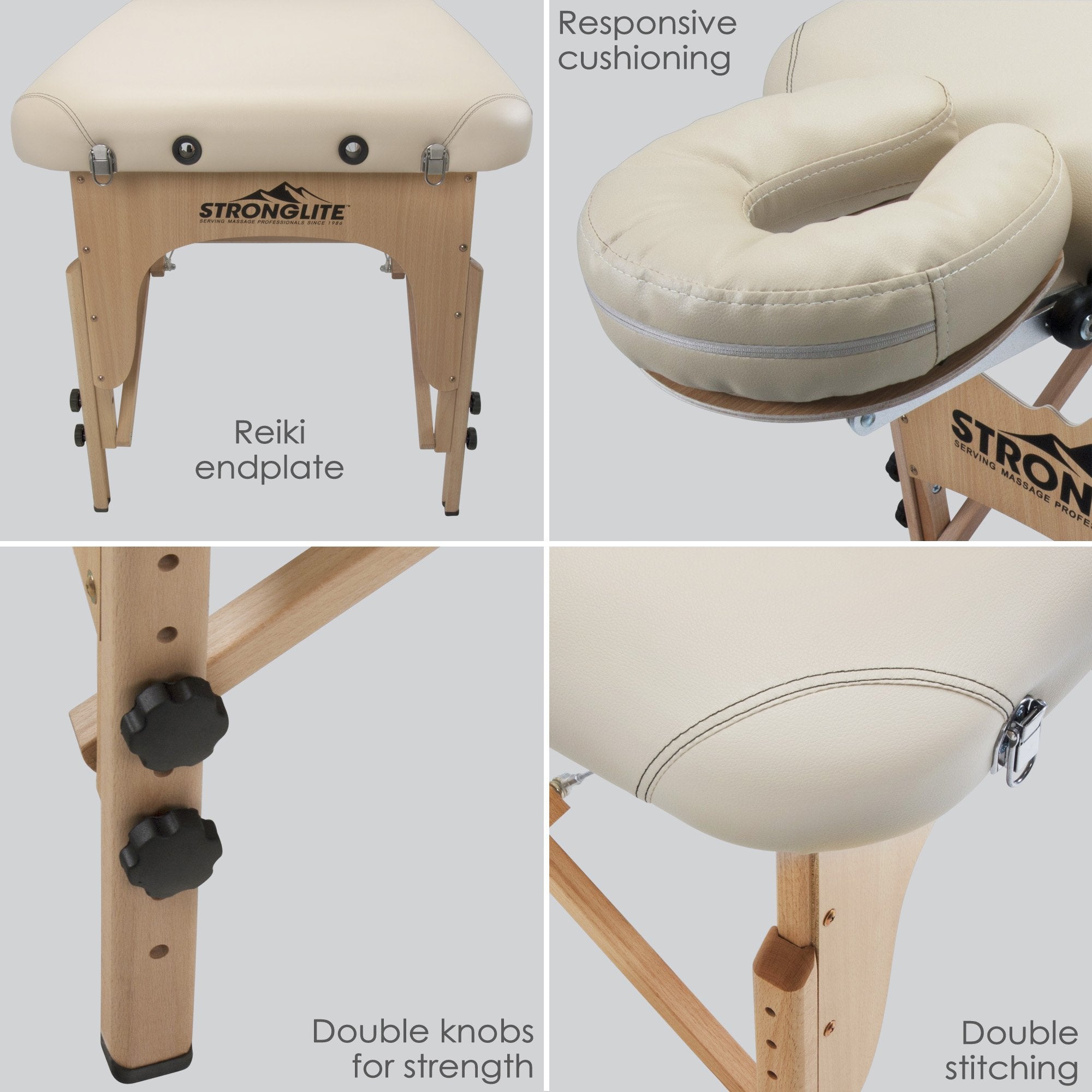 Collage of Stronglite SHASTA Portable Massage Table showing endplate, cushioning, and stitching.