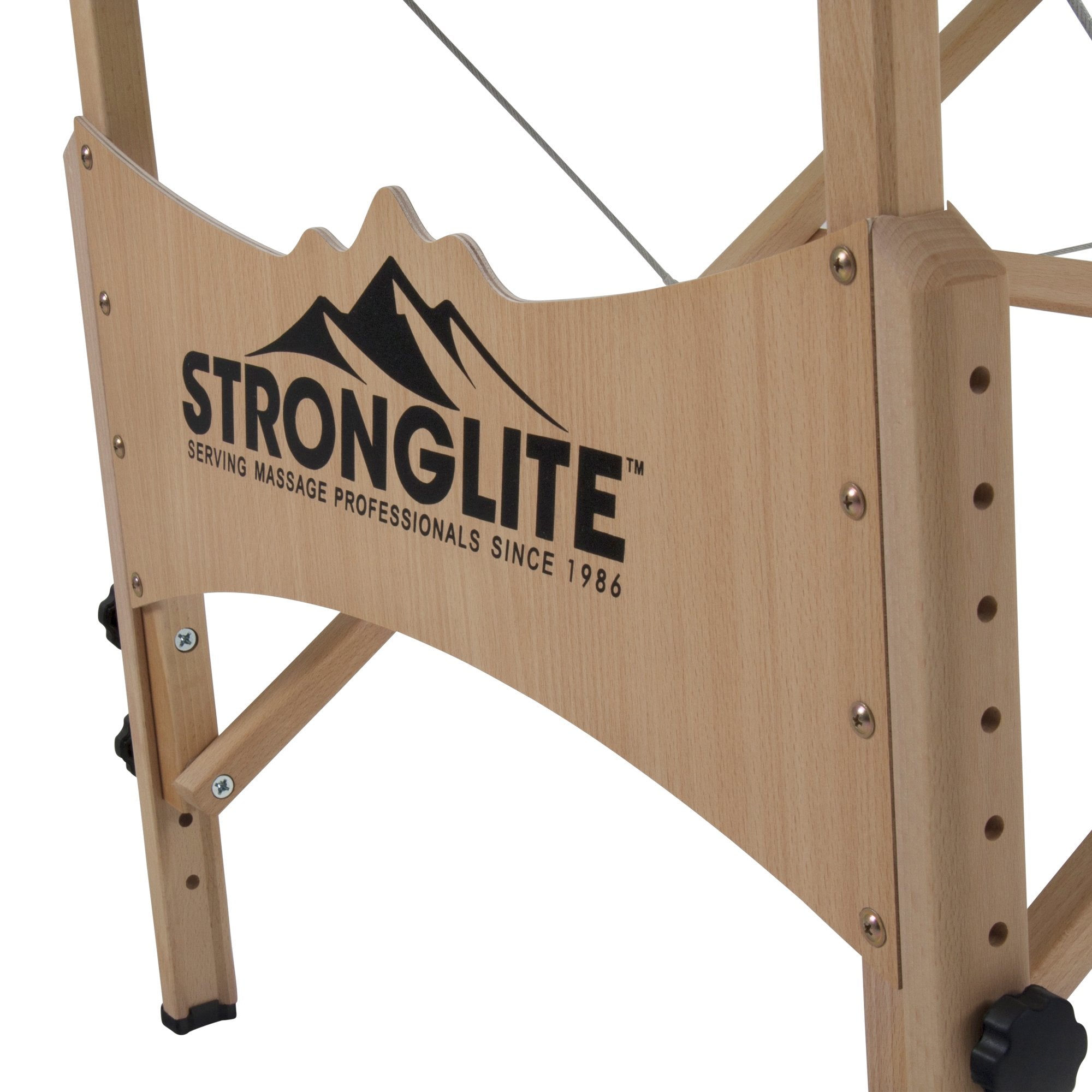 Stronglite SHASTA Portable Massage Table leg with logo, trusted by massage pros since 1986.