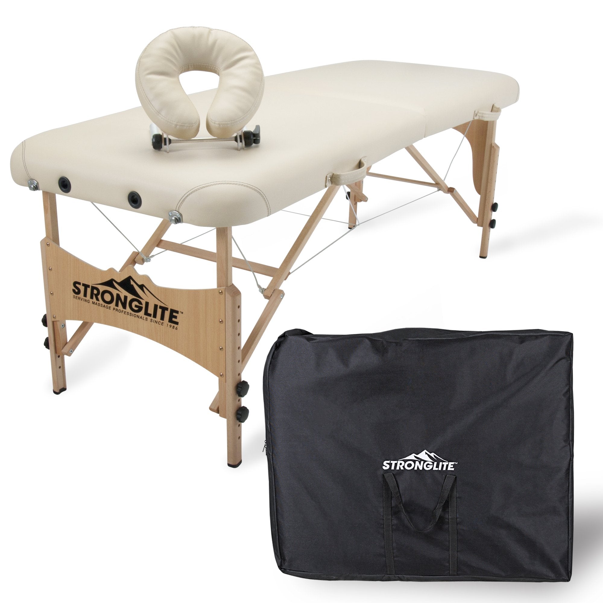 Stronglite SHASTA portable massage table with headrest and black carrying case.