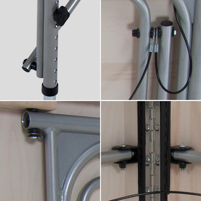 Collage of hardware and cables on an EarthLite LUNA aluminum portable massage table.