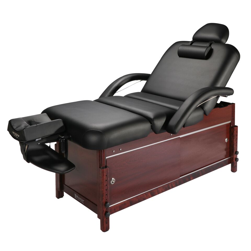 Master Massage CABRILLO stationary table with padded sections and wooden base, shown reclined.